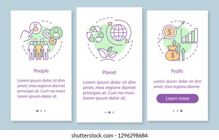 Resource management onboarding mobile app page screen template. People, planet and profit walkthrough website steps. Triple bottom line. TBL. Business conception. UX, UI, GUI smartphone interface