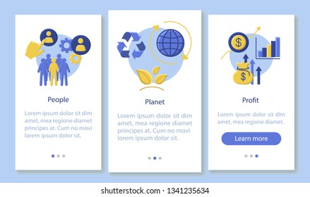 Resource management onboarding mobile app page screen vector template. People, planet and profit. Triple bottom line. Flat design website instructions. UX, UI, GUI smartphone interface cartoon concept