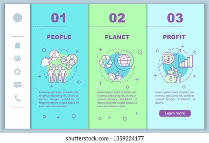 Resource management onboarding mobile web pages vector template. People, planet and profit. Triple bottom line. Responsive smartphone website interface. Webpage walkthrough step screens. Color concept