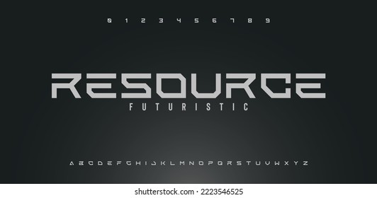 RESOURCE Modern abstract digital tech font. Logo creative font, type, technology, movie, digital, music, movie. Font and illustration in vector format.
