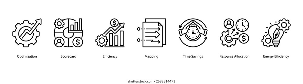 Vektorgrafik des Webbanners "Ressourcenoptimierung" mit den Themen Optimierung, Scorecard, Effizienz, Zuordnung, Zeitersparnis, Ressourcenzuweisung und Energieeffizienz.