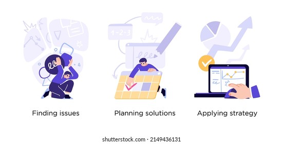 Resource Planning Problems and How to Solve Them - set of business concept illustrations. Finding issues, Planning solutions, Applying strategy. Visual stories collection