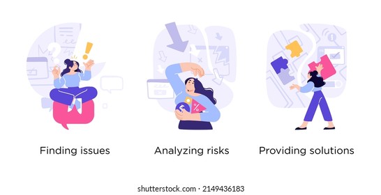 Resource Planning Problems and How to Solve Them - set of business concept illustrations. Finding issues, Analyzing risks, Providing solutions. Visual stories collection