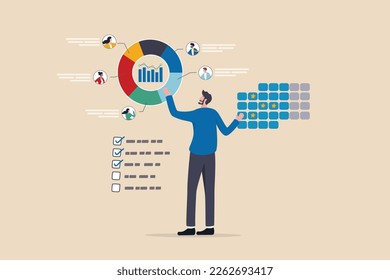 Resource planning or project management, ERP or marketing software, people or strategy to optimize process, client or CRM concept, businessman managing or analyze resource planning software pie chart.