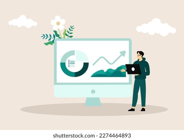 Resource planning or project management, ERP or marketing software, people or strategy to optimize process, client or CRM concept, businessman managing or analyze resource planning software pie chart.