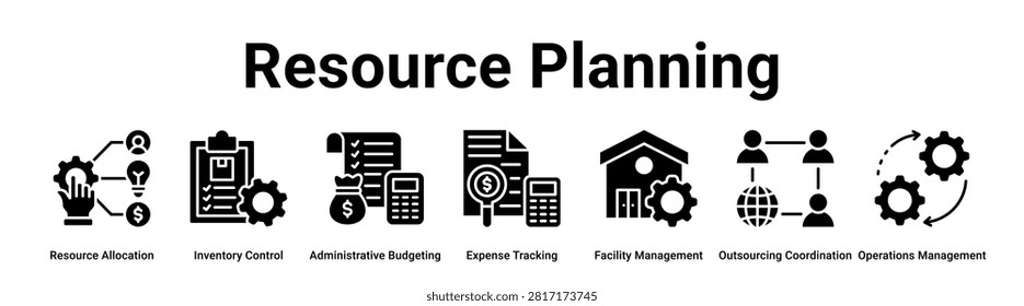 Resource Planning web banner icon vector illustration concept for business with icon of Resource Allocation, Inventory Control, Administrative Budgeting, Expense Tracking, Facility Management,.