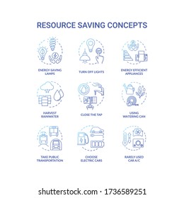 Resource saving blue concept icons set. Sustainable consumption. Efficient applience power use. Reduce supply usage idea thin line RGB color illustrations. Vector isolated outline drawings