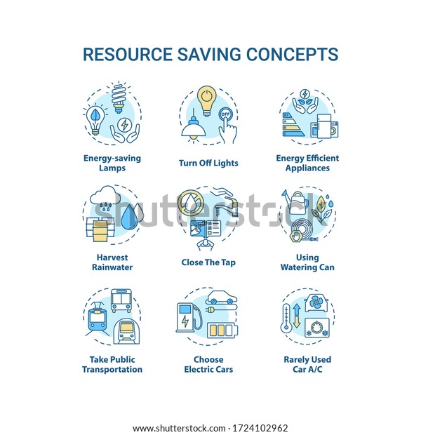 Resource saving concept icons set. Sustainable\
technology. Efficient consumption. Reduce supply usage idea thin\
line RGB color illustrations. Vector isolated outline drawings.\
Editable stroke