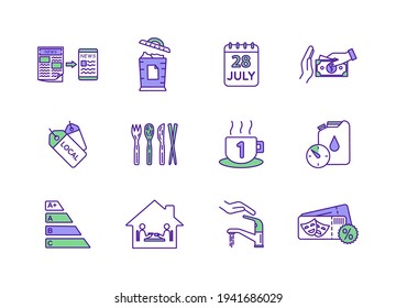 Resource saving RGB color icons set. Paper waste. Going digital. Discount items. Biodegradable utensils. Cut spending. Coupons, deals. Energy efficiency. Fuel economy. Isolated vector illustrations