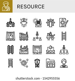 resource simple icons set. Contains such icons as Human resources, Oil platform, Solar panel, Leadership, Job, Dam, Oil rig, Collaboration, can be used for web, mobile and logo