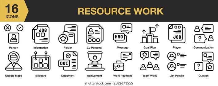 Resource Work icon set. Includes management, employee, business, job, work, and More. Outline icons vector collection.