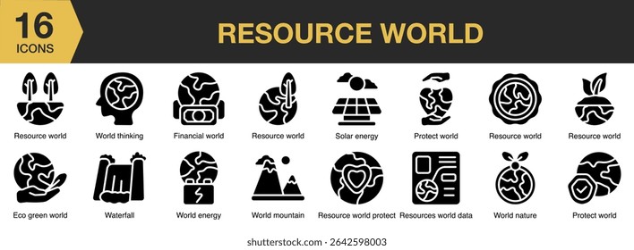 Resource World solid icon set. Includes solar, nature, energy, waterfall, eco green, and More. Solid icons vector collection.