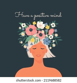 Resourceful woman with positive harmony mental health. Female vector portrait with blooming flowers in her hair. Psychotherapy or psychology concept.