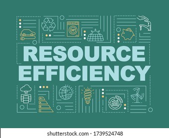 Banner de conceptos de palabras de eficiencia de recursos. Infografía de rentabilidad y sostenibilidad con iconos lineales sobre fondo verde oscuro. Tipografía aislada. Ilustración de color RGB del contorno del vector