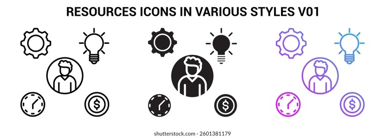 Resources icon represented by Resources simple symbol Line, Filled, Gradient style.