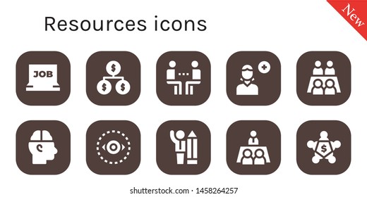 resources icon set. 10 filled resources icons.  Collection Of - Job search, Organization, Meeting, Add user, Human, Vision, Businessman