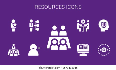 conjunto de iconos de recursos. 9 iconos de recursos rellenos.  Iconos modernos sencillos, como: Reunión, agregar usuario, habilidades, humanos, visión, influencia, contratación