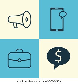 Resources Icons Set. Collection Of Bullhorn, Messaging, Business Deal And Other Elements. Also Includes Symbols Such As Handbag, Mobile, Phone.