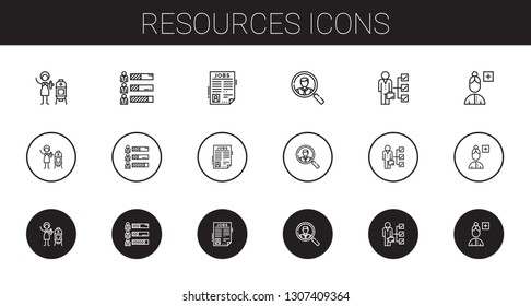 resources icons set. Collection of resources with vertical, skills, job search, add user. Editable and scalable resources icons.
