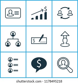 Resources icons set with search worker, catalogue of employees, organizational and other personal badge elements. Isolated vector illustration resources icons.