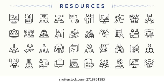 Resources line icon set. Resources icon set. Pack of achieve, action plan, act, collaboration, step, project, strategy and more. Editable stroke. Vector illustration.