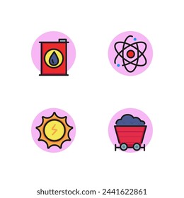 Resources line icon set. Trolley with coal, nuclear power, oil barrel, sun energy. Industry, energy, production concept.