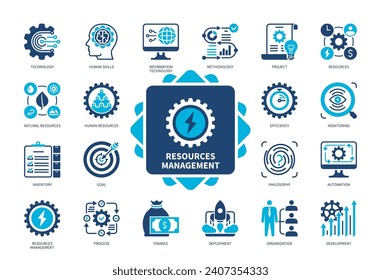 Resources Management icon set. Resources, Information Technology, Deployment, Human Resources, Project, Inventory, Skills, Development. Duotone color solid icons