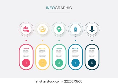 Ressourcen, Markt, Aufrichtigkeit, mobile Sicherheit, Online-Icons für Privatsphäre Infografische Design-Vorlage. Kreatives Konzept mit 5 Schritten