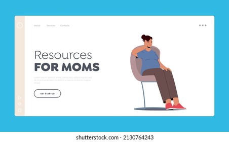 Resources for Moms Landing Page Template. Young Mother Needs Psychological Help, Support or Pregnancy Assistance. Pregnant Female Character with Big Belly Sitting on Chair. Cartoon Vector Illustration