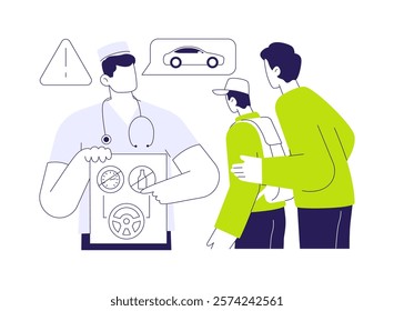 Resources on safe teen driving abstract concept vector illustration. Physician provides parents of teens with brochures, reduce motor vehicle crash death, preventative medicine abstract metaphor.