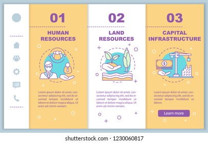 Resources onboarding mobile web pages vector template. Human or labour and land resources, capital infrastructure. Responsive smartphone website interface concept. Webpage walkthrough step screens
