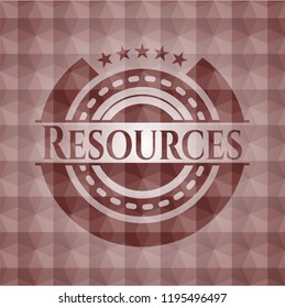 Resources red emblem or badge with abstract geometric polygonal pattern background. Seamless.