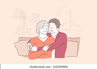 Respect for elderly people, senile persons concept. Son hugging grey haired mother, cheerful grandson embracing happy old grandmother, family relations, love, care. Simple flat vector