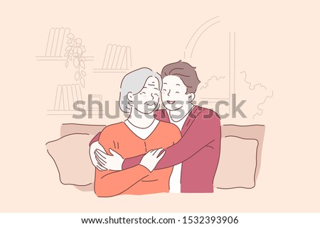 Respect for elderly people, senile persons concept. Son hugging grey haired mother, cheerful grandson embracing happy old grandmother, family relations, love, care. Simple flat vector
