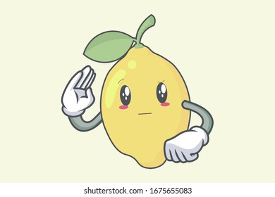 Respect Hand Gesture With Really, Attentive Face. Lemon Fruit character