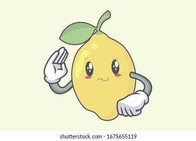 Respeto Gesto Mano. Con Cara Realmente, Atenta Y Confundida. Carácter de fruta limón