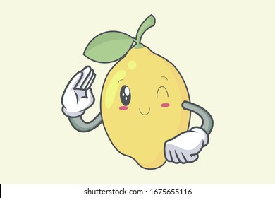Respect Hand Gesture With Wink, Smile, Happy, Fun Face. Lemon Fruit character