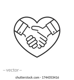 Respect Icon, Handshake With Heart, Loyalty Together, Thin Line Web Symbol On White Background - Editable Stroke Vector Illustration