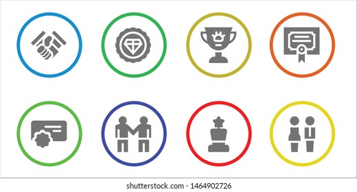 respect icon set. 8 filled respect icons.  Collection Of - Handshake, Reward, Premium, Deal, Award, Merit, Partners
