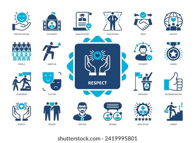 Respect icon set. High Esteem, Authority, Integrity, Leadership, Opinion, Reputation, Regard, Ambition. Duotone color solid icons