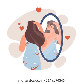 Respect and love for yourself concept. Smiling woman in beautiful dress looks in mirror and admires her reflection. Female character accepts herself and her body. Cartoon flat vector illustration