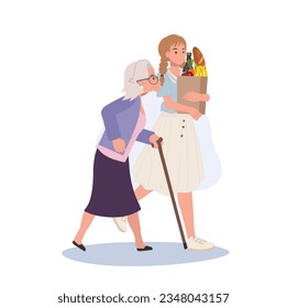 respect for pensioners concpet. Smiling Young Woman Helps Senior Grandmother Carry Grocery Bag. Smiling caring girl assist senior granny. 
