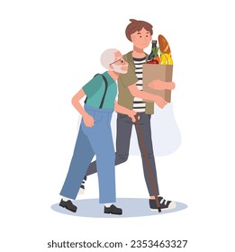 respect for pensioners concpet. Smiling Young man Helps Senior Grandfather Carry Grocery Bag. Smiling caring man assist senior grandpa. 