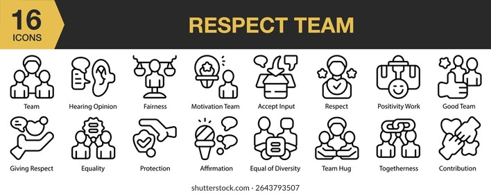 Respect Team icon set. Includes respect, team, partnership, together, group, handshake, and More. Outline icons vector collection.