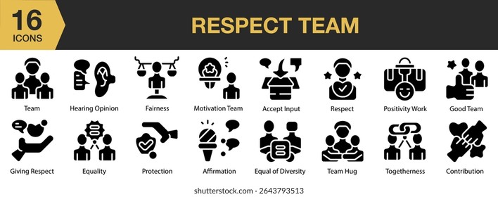 Respect Team solid icon set. Includes respect, team, partnership, together, group, handshake, and More. Solid icons vector collection.