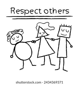 Respect. Vector illustration in hand drawn pencil style. A social issue. For web. Black on white