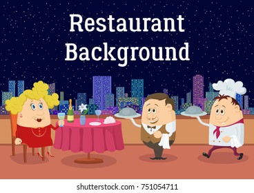 Respectable Fat Lady in Red, Sitting Behind Table While Waiter and Cook Brings Her Dishes in Open-Air Restaurant with View on Night City. Cartoon Background. Eps10, Contains Transparencies. Vector