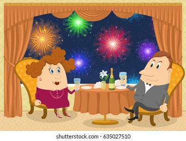 Respectable man and fat lady in red sitting near the table in a restaurant with view on night city and raising a toast, funny cartoon illustration. Vector