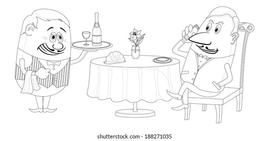 Respectable man sitting behind restaurant table while waiter gives him a tray with champagne, funny cartoon illustration, black contour on white background. Vector