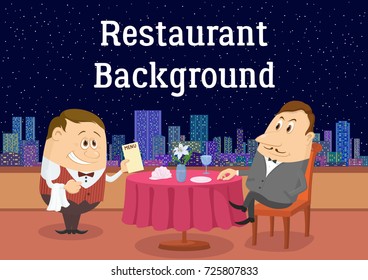 Respectable Man Sitting Near Table While Waiter Gives Him Menu in Open-Air Restaurant with View on Night Sky and City. Cartoon Background for Your Design. Eps10, Contains Transparencies. Vector